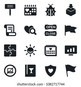 Set of vector isolated black icon - no laptop vector, statistic monitor, contract, lady bug, plant label, heart diagnostic, shield, medical calendar, package, application, wine card, open close