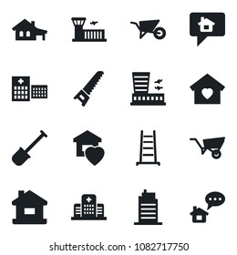 Set of vector isolated black icon - airport building vector, shovel, ladder, wheelbarrow, saw, hospital, house, with garage, sweet home, city, message