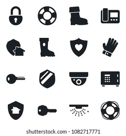 Set of vector isolated black icon - safe vector, glove, boot, heart shield, lock, key, intercome, home protect, surveillance, sprinkler, crisis management
