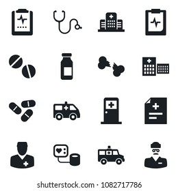 Set of vector isolated black icon - medical room vector, diagnosis, stethoscope, blood pressure, pills, ampoule, ambulance car, broken bone, pulse clipboard, hospital, doctor