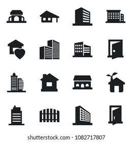 Set Of Vector Isolated Black Icon - Office Building Vector, House, With Garage, Fence, Sweet Home, City, Cafe, Eco, Door