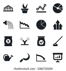 Set of vector isolated black icon - seedling vector, watering can, hoe, sickle, greenhouse, fertilizer, pie graph, point, irrigation, arrow up, crisis, presentation