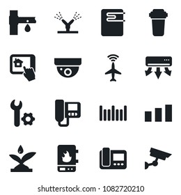 Set of vector isolated black icon - plane radar vector, drip irrigation, sorting, barcode, root setup, water heater, air conditioner, intercome, home control app, filter, surveillance