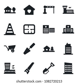 Set of vector isolated black icon - barrier vector, border cone, airport building, trowel, shovel, wheelbarrow, saw, hospital, house with tree, plan, sweet home, city