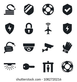 Set of vector isolated black icon - plane radar vector, security gate, glove, hose, shield, protect, lock, key, surveillance, sprinkler, crisis management