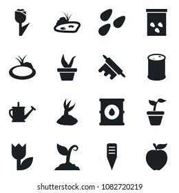 Set of vector isolated black icon - seedling vector, watering can, sproute, plant label, seeds, pond, tulip, oil barrel, rolling pin, apple fruit
