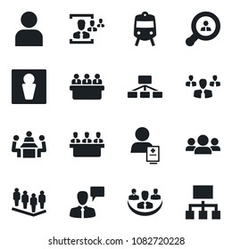 Set of vector isolated black icon - train vector, male, speaking man, team, meeting, patient, user, company, hr, client search, group, hierarchy