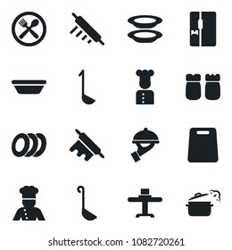 Set of vector isolated black icon - fridge vector, cook, restaurant table, cafe, plates, waiter, salt and pepper, ladle, bowl, rolling pin, cutting board, steaming pan