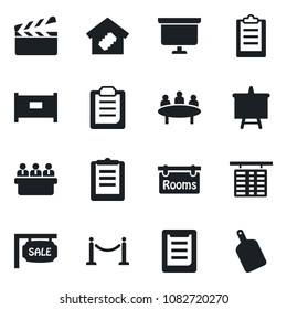 Set of vector isolated black icon - fence vector, flight table, presentation board, meeting, clipboard, clapboard, sale, rooms, smart home, cutting