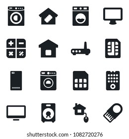 Set of vector isolated black icon - washer vector, calculator, monitor, speaker, phone back, sim, smart home, control, remote, router, usb flash