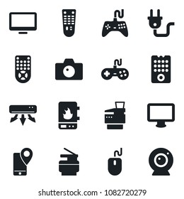Set of vector isolated black icon - camera vector, mouse, mobile tracking, gamepad, remote control, monitor, copier, air conditioner, power plug, water heater, web