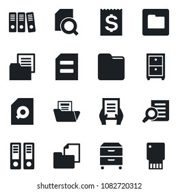 Set of vector isolated black icon - office binder vector, document search, receipt, folder, paper, archive box, usb flash