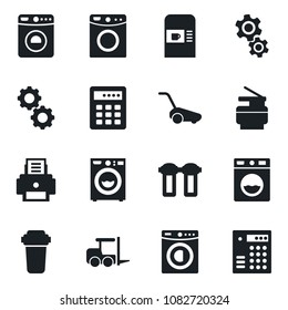 Set of vector isolated black icon - coffee machine vector, washer, fork loader, lawn mower, printer, copier, gear, water filter, combination lock