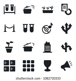 Set of vector isolated black icon - fence vector, checkroom, document reload, seedling, blood test vial, route, fragile, menu, music, city house, steaming pan, advertising
