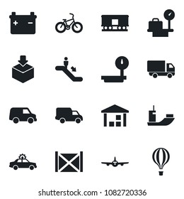 Set of vector isolated black icon - escalator vector, alarm car, plane, luggage scales, bike, sea shipping, delivery, container, warehouse, package, heavy, railroad, battery, air balloon