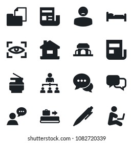 Set of vector isolated black icon - baggage conveyor vector, bed, hierarchy, pen, patient, folder document, dialog, speaker, news, copier, house, cafe building, eye scan, man with notebook