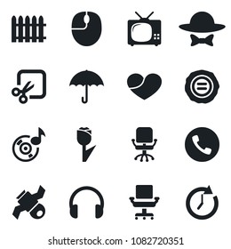 Set of vector isolated black icon - phone vector, office chair, mouse, stamp, fence, satellite, umbrella, tulip, headphones, heart, cut, music, tv, dress code, clock