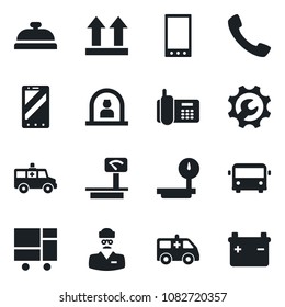 Set of vector isolated black icon - airport bus vector, reception, mobile phone, ambulance car, doctor, office, consolidated cargo, up side sign, heavy scales, call, root setup, battery