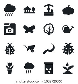 Set of vector isolated black icon - storm cloud vector, flower in pot, tree, watering can, wheelbarrow, butterfly, lady bug, rain, well, sickle, pumpkin, seeds, photo gallery, house with, irrigation