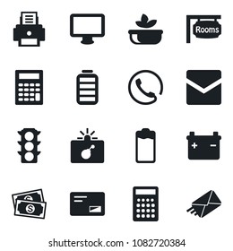 Set of vector isolated black icon - bomb in case vector, cash, traffic light, monitor, battery, mail, printer, rooms, phone, salad, calculator