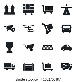 Set of vector isolated black icon - runway vector, taxi, baggage trolley, airport bus, helicopter, wheelbarrow, car delivery, container, consolidated cargo, fragile, up side sign, moving