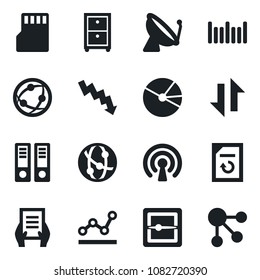 Set of vector isolated black icon - satellite antenna vector, office binder, crisis graph, document, reload, barcode, network, scanner, sd, data exchange, pie, point, archive box, wireless