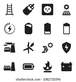 Set of vector isolated black icon - factory vector, ladder, fire, battery, low, rca, protect, charge, sun panel, socket, windmill
