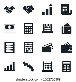 Set of vector isolated black icon - growth statistic vector, abacus, crisis graph, cash, news, bar, handshake, credit card, wallet, calculator