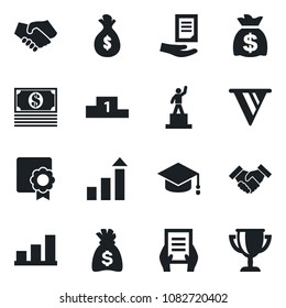 Set of vector isolated black icon - growth statistic vector, pedestal, graduate, money bag, document, sertificate, bar graph, handshake, pennon, cash, award cup