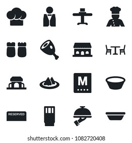 Set of vector isolated black icon - cafe vector, waiter, cook, restaurant table, serviette, hat, menu, reserved, drink, salt and pepper, building, ham, bowl