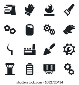Set of vector isolated black icon - airport tower vector, gear, factory, trowel, glove, saw, sickle, truck trailer, flammable, battery, root setup