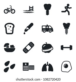 Set of vector isolated black icon - seeds vector, dropper, patch, ambulance car, barbell, bike, run, lungs, implant, diet, hospital, pool, salad, bread, omelette