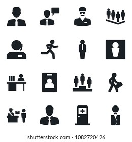 Set of vector isolated black icon - passport control vector, male, medical room, manager, speaking man, pedestal, team, run, doctor, client, identity card, support, desk, estate agent, waiter