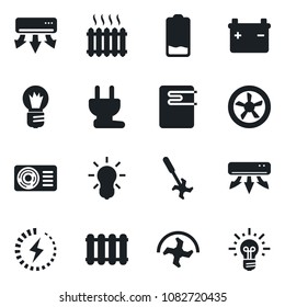 Set of vector isolated black icon - bulb vector, ripper, low battery, charge, heater, air conditioner, power plug, fan, water, radiator, idea