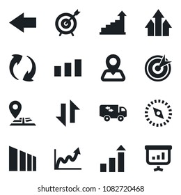 Set of vector isolated black icon - left arrow vector, growth statistic, navigation, sorting, update, data exchange, compass, moving, target, up graph, presentation