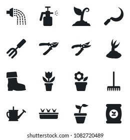 Set of vector isolated black icon - flower in pot vector, garden fork, rake, seedling, watering can, sproute, pruner, boot, sickle, sprayer, fertilizer