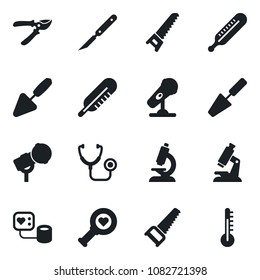 Set of vector isolated black icon - trowel vector, pruner, saw, stethoscope, blood pressure, thermometer, heart diagnostic, microscope, scalpel, microphone