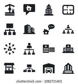 Set of vector isolated black icon - hierarchy vector, well, hospital, office building, garage, plan, home message