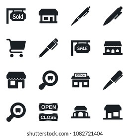 Set of vector isolated black icon - pen vector, store, search cargo, sale, sold signboard, cafe building, open close, cart, storefront