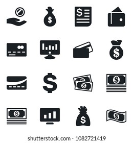 Set of vector isolated black icon - credit card vector, dollar sign, money bag, statistic monitor, cash, receipt, wallet, investment