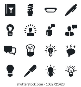 Set of vector isolated black icon - speaking man vector, pen, brainstorm, bulb, dialog, wine card, hot dog, energy saving, shining head, idea