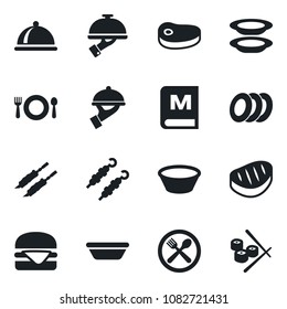Set of vector isolated black icon - dish vector, cafe, menu, plates, waiter, steak, kebab, hamburger, bowl, sushi