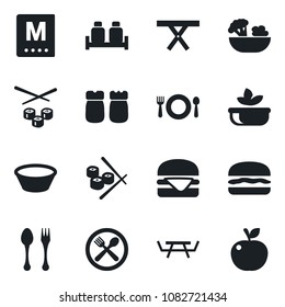 Set of vector isolated black icon - spoon and fork vector, picnic table, cafe, menu, salad, salt pepper, hamburger, bowl, sushi, apple fruit