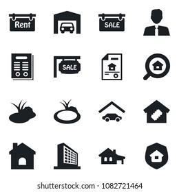 Set of vector isolated black icon - office building vector, house, pond, contract, with garage, estate document, sale, rent, search, agent, smart home, insurance