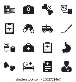 Set of vector isolated black icon - doctor case vector, diagnosis, blood pressure, pills, scalpel, ambulance car, hospital bed, stomach, broken bone, pulse clipboard
