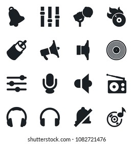 Set of vector isolated black icon - vinyl vector, flame disk, microphone, radio, speaker, loudspeaker, settings, headphones, rca, tuning, bell, mute, music