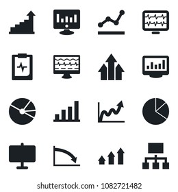 Set of vector isolated black icon - growth statistic vector, monitor, pulse, clipboard, statistics, presentation board, bar graph, pie, point, arrow up, crisis, hierarchy