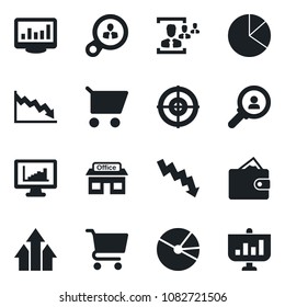 Set of vector isolated black icon - crisis graph vector, store, monitor statistics, pie, hr, target, consumer search, arrow up, wallet, cart, presentation
