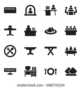 Set of vector isolated black icon - reception vector, desk, meeting, picnic table, manager, restaurant, serviette, cafe, reserved
