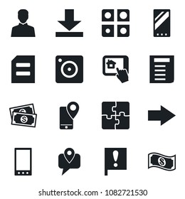 Set of vector isolated black icon - right arrow vector, document, important flag, cash, mobile tracking, camera, user, download, application, home control app